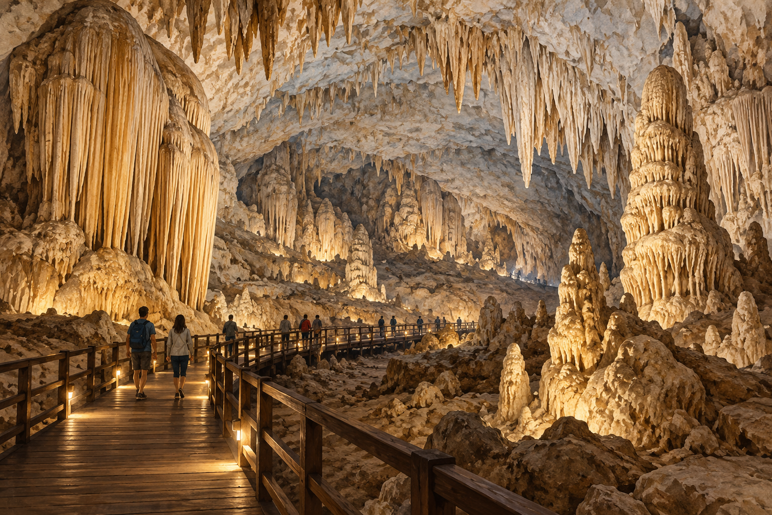 Illustration of a wooden walkway through a large dry cave inspired by Paradise Cave