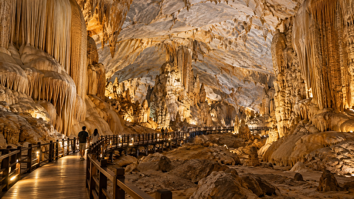 Illuminated boardwalk through a large dry cave chamber