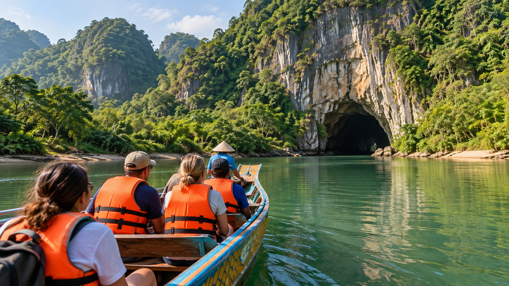 Phong Nha Cave tour boat approaching the cave entrance
