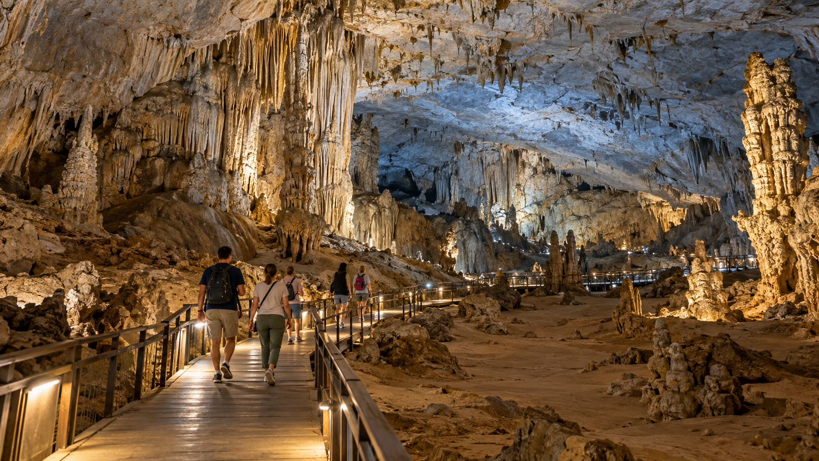 Visitors walking through the dry chamber on a Phong Nha Cave tour