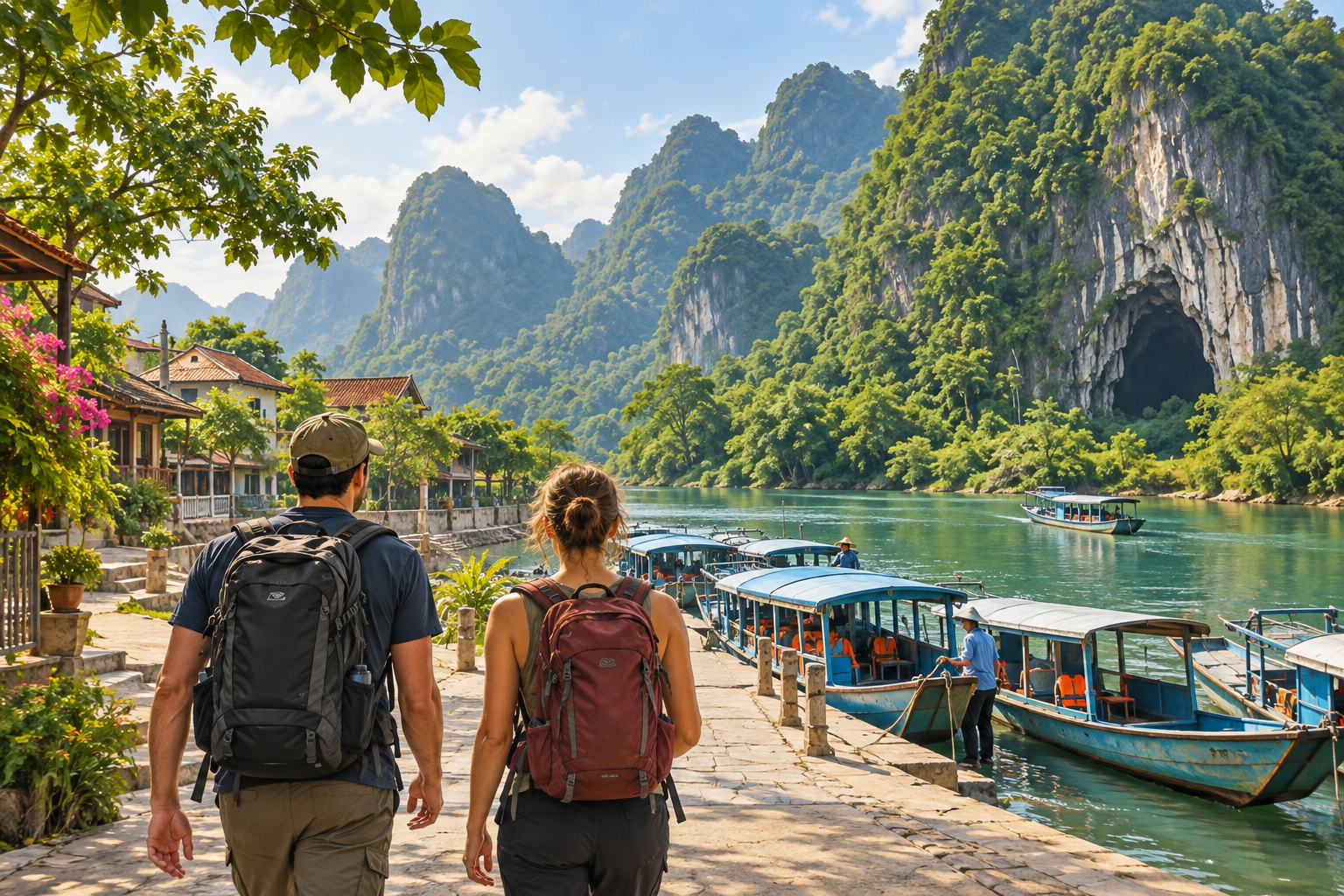 Illustration of travelers setting out from Phong Nha village beneath limestone hills