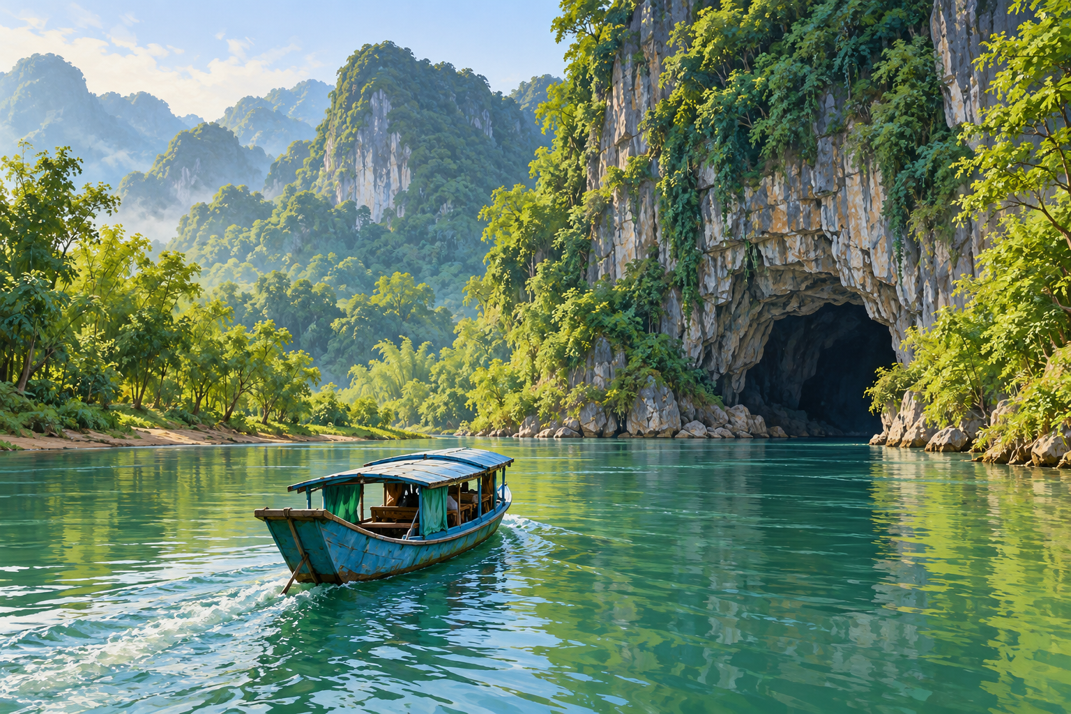 Phong Nha and Paradise Cave tour: boat approaching a limestone river cave in Phong Nha