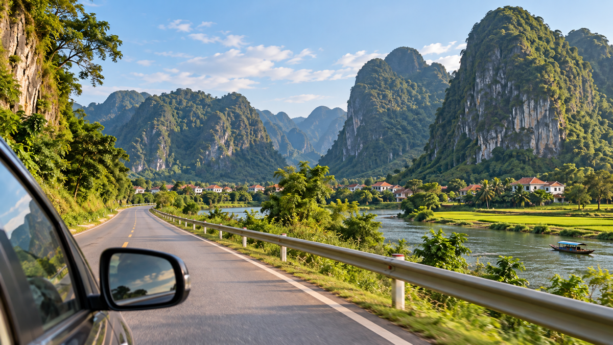 Road through the limestone landscape approaching Phong Nha