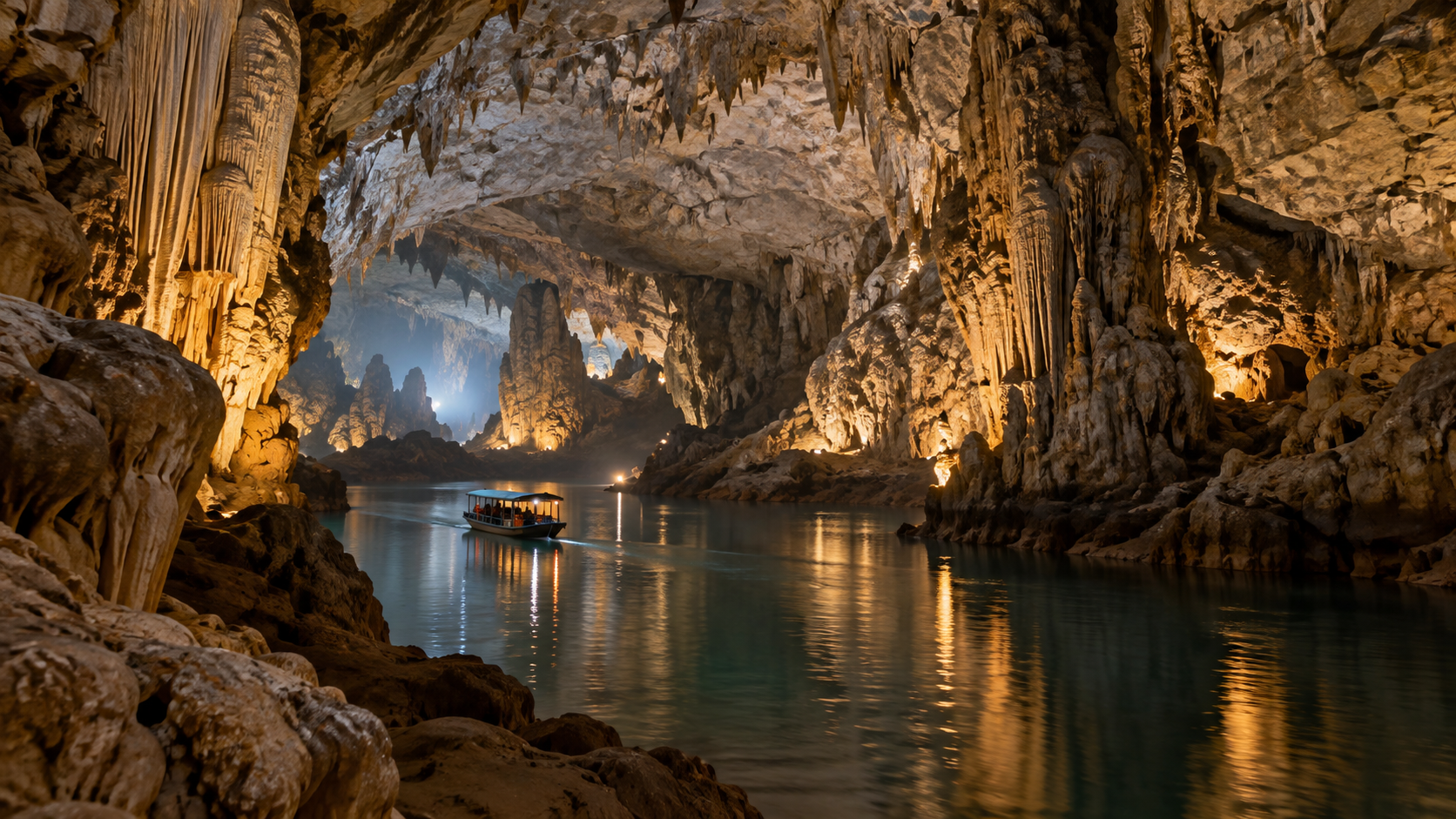 Phong Nha Cave tour boat beneath limestone formations
