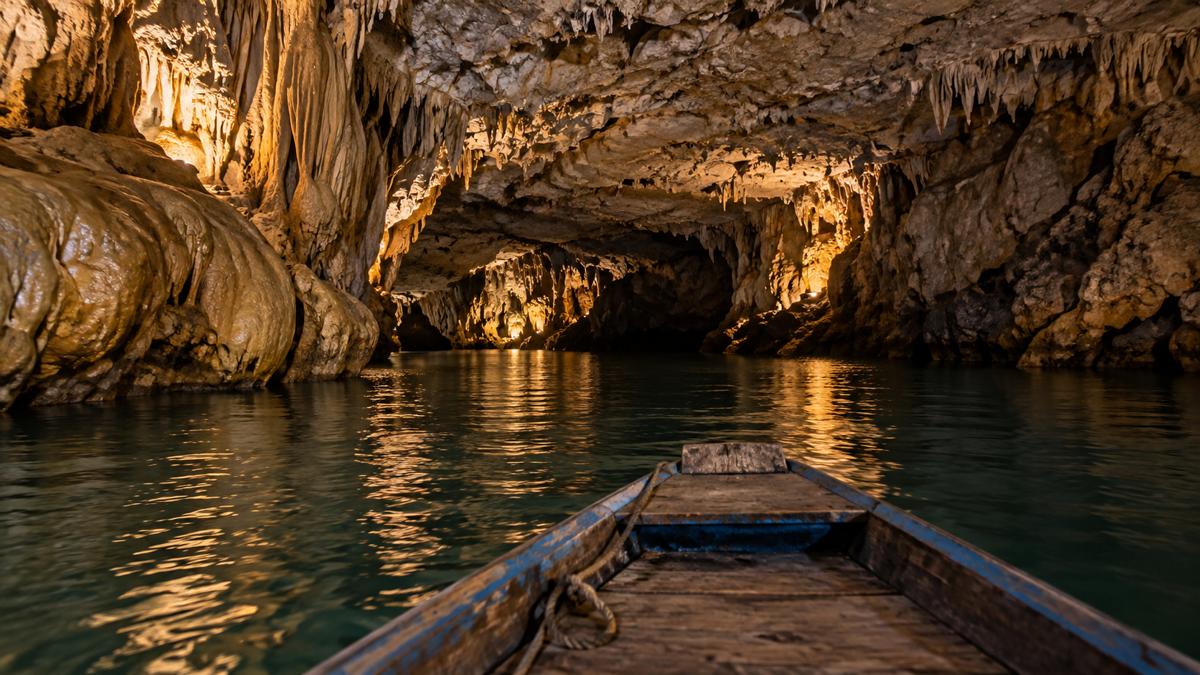 Boat entering the underground river at Phong Nha Cave