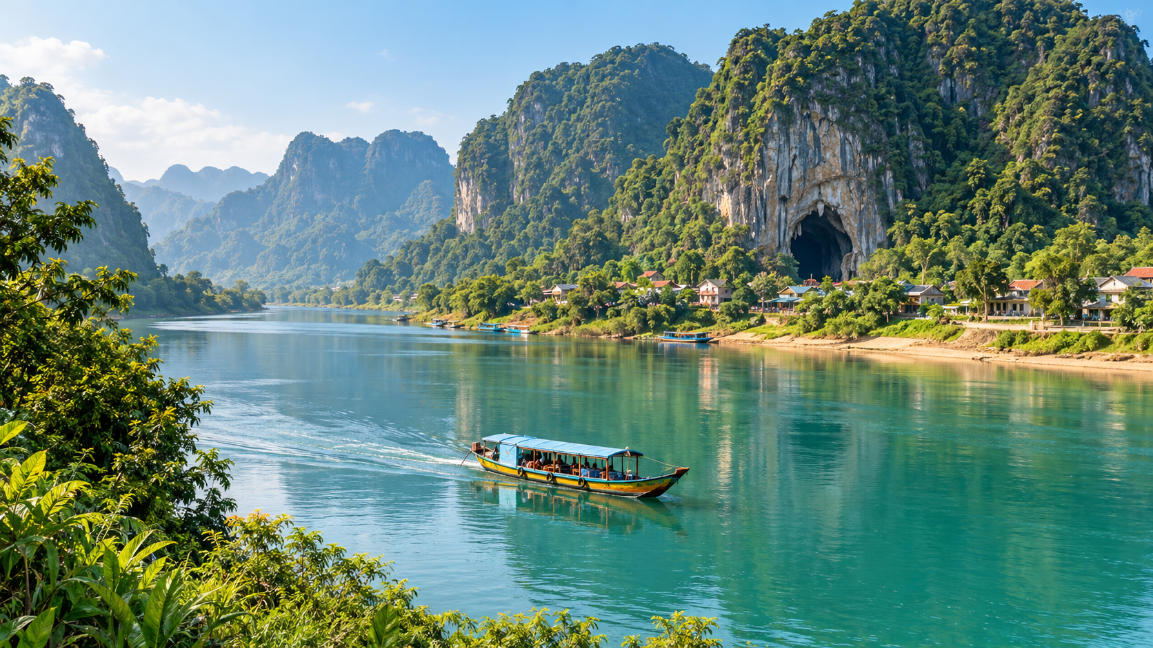 Phong Nha Cave tour boat crossing the Son River landscape